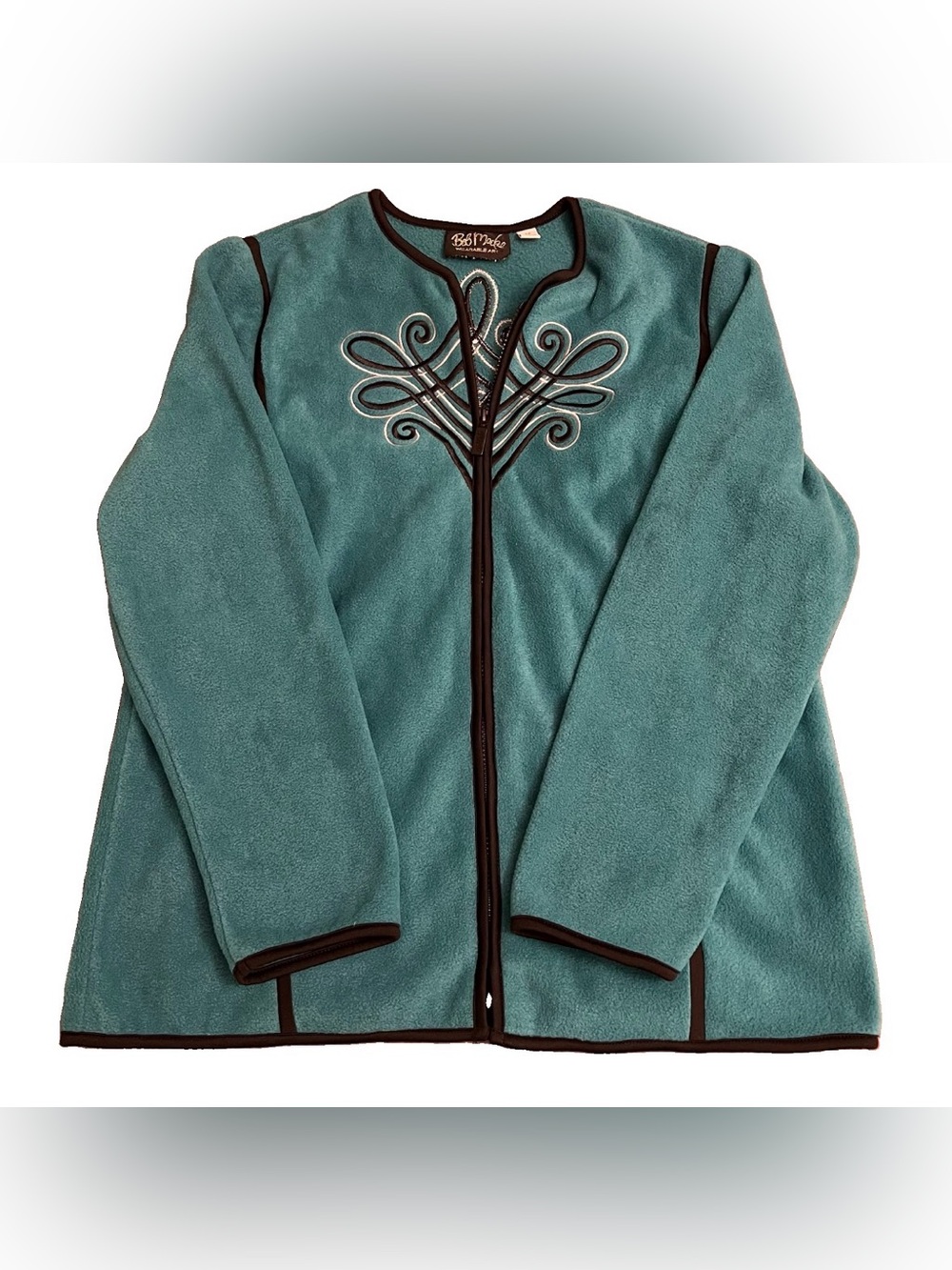 Bob Mackie Wearable Art Teal Embroidered Zip Sweatshirt Size M